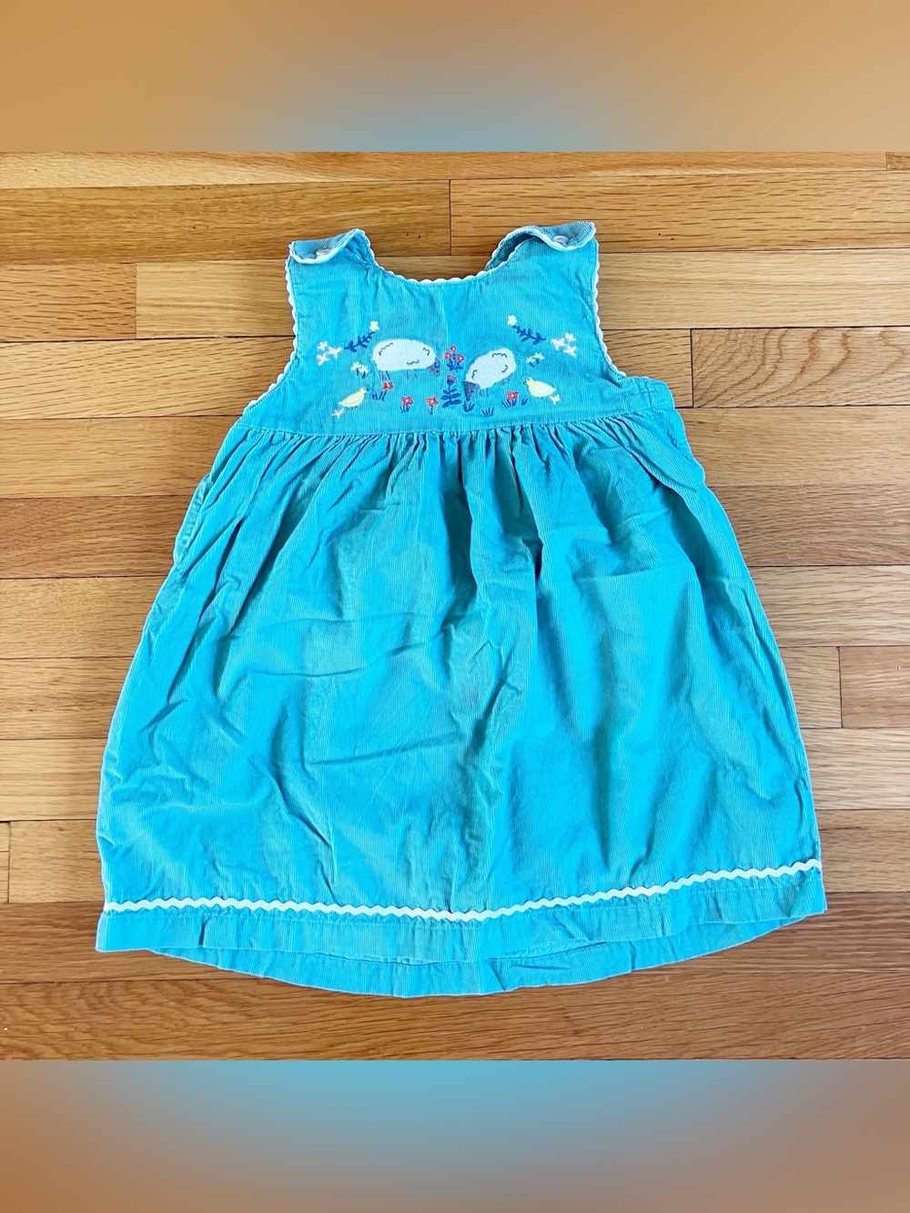 Baby Boden Turquoise Corduroy Liberty London Floral Farm Animal Pinnie Dress 3-4